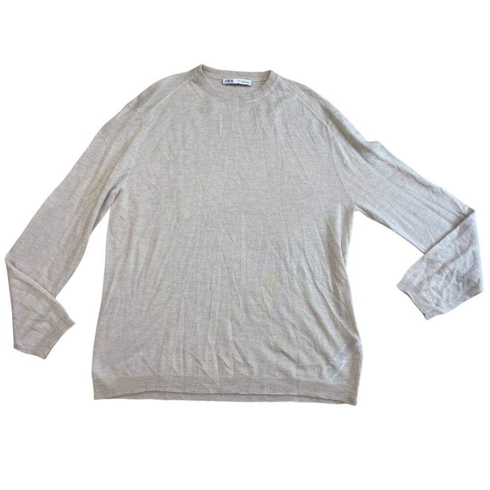 Zara Crewneck Sweater Women's Size XL Lightweight Knit Neutral  Cream Wool Alpac